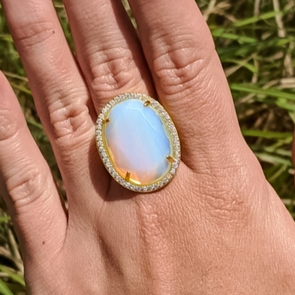 14k Gold Opal Gemstone Adjustable Statement Ring Plated in 14k Gold - Picture 9 of 16